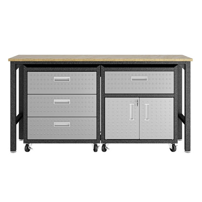Garage Cabinet Sets with 3-piece steel unit, 3 drawers, 1 door cabinet, wood worktop, and rolling casters for mobility__DarkGray