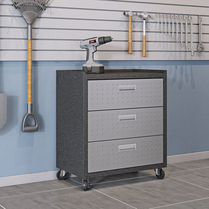 Garage Cabinet Sets with 3 drawers on casters, diamond-plate fronts, holding a drill, beside wall-mounted tools in organized garage__DarkGray