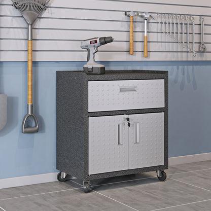 Garage Cabinet Sets mobile unit with diamond-plate doors, locking storage, drawer, and casters in a organized workshop setting__DarkGray