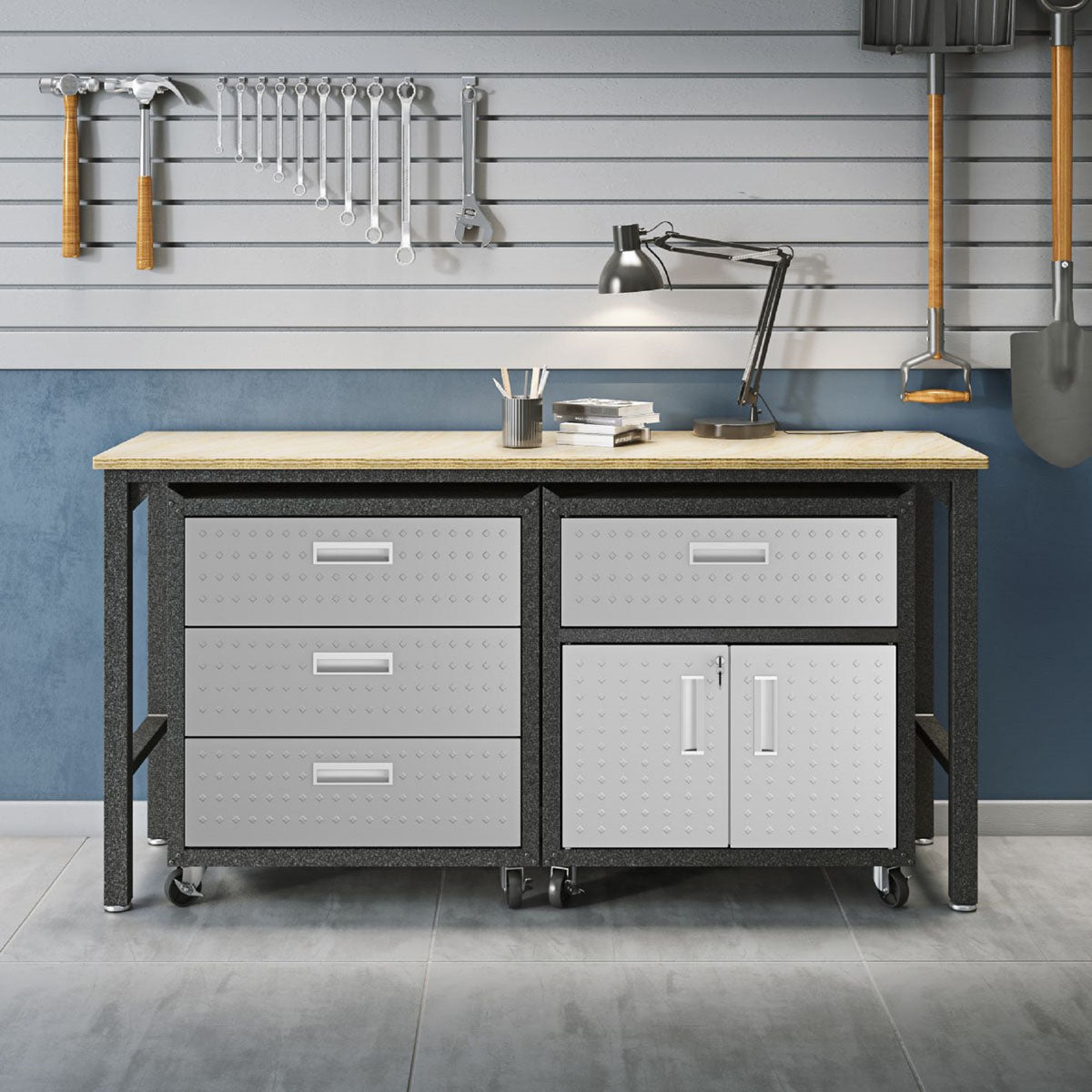 Garage Cabinet Sets with 4 drawers, 1 shelf, wood workbench top on casters, beside slatwall tool storage in organized garage__DarkGray