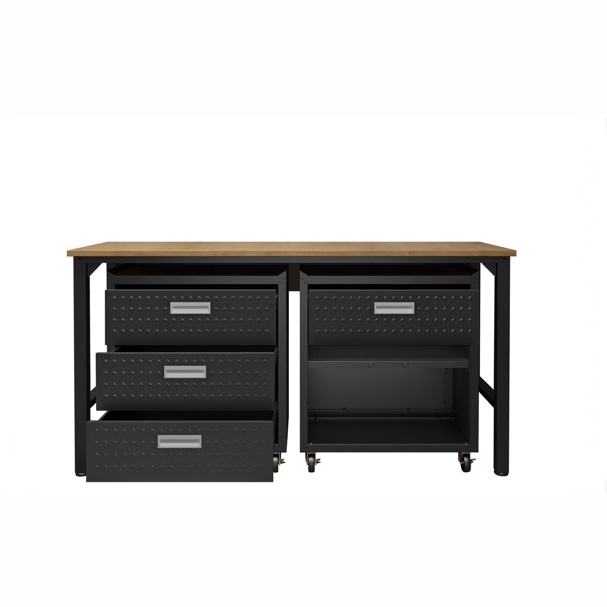 Garage Cabinet Sets with wood-top workbench, 3-drawer rolling unit and open-shelf cabinet on casters__CharcoalGray