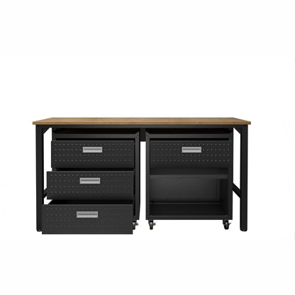 Garage Cabinet Sets with wood-top workbench, 3-drawer rolling unit and open-shelf cabinet on casters__CharcoalGray
