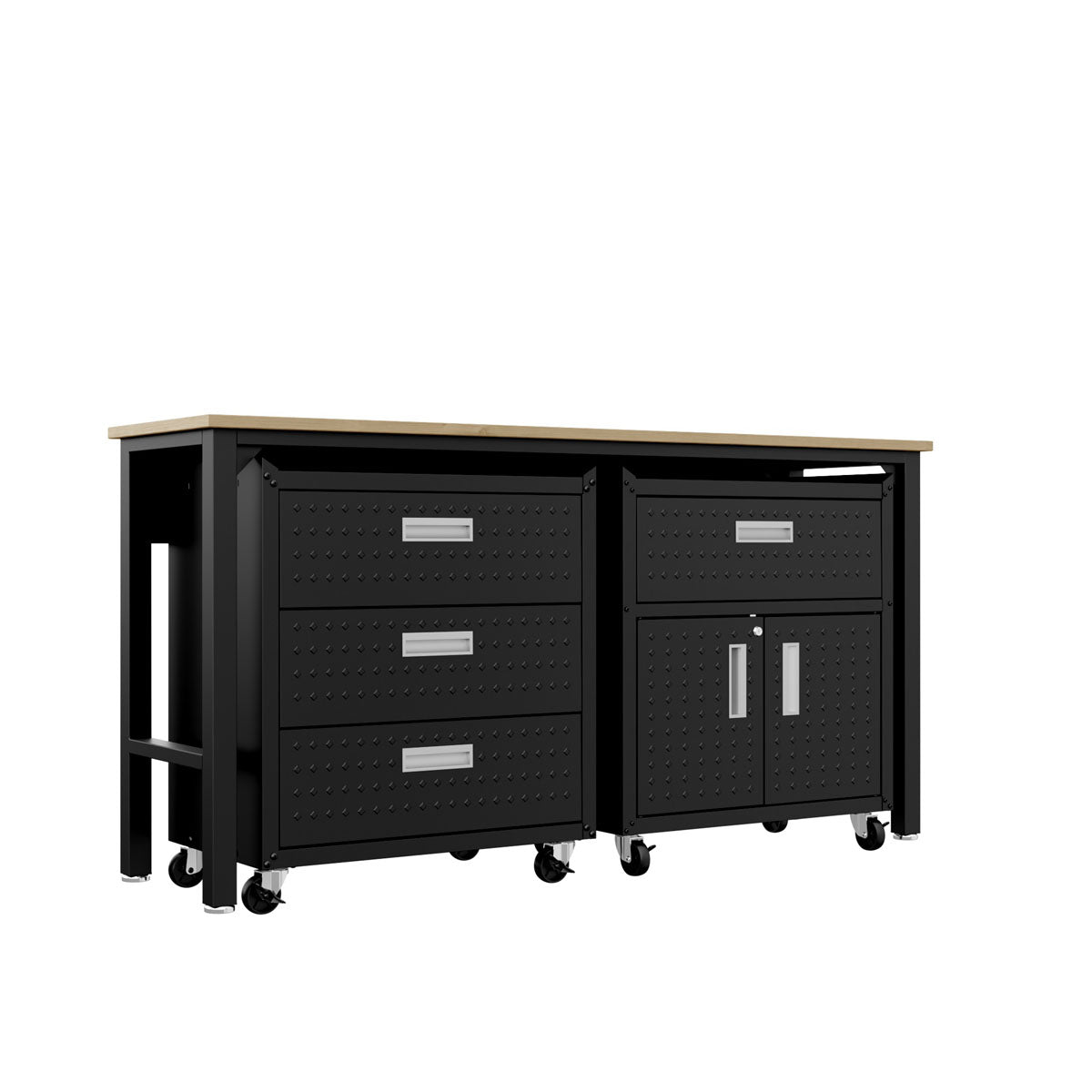 Garage Cabinet Sets with 3-piece black steel unit, 4 drawers, 1 shelf, wood top, diamond plate texture, on casters__CharcoalGray