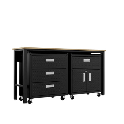 Garage Cabinet Sets with 3-piece black steel unit, 4 drawers, 1 shelf, wood top, diamond plate texture, on casters__CharcoalGray