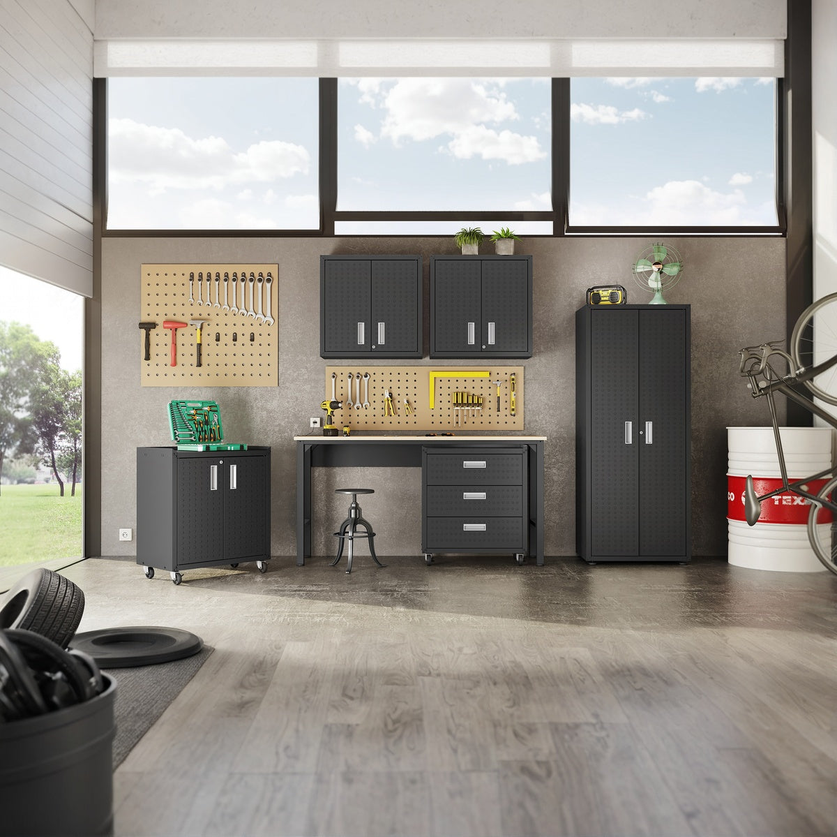 Garage Cabinet Sets with 3-piece dark storage system, pegboard tool wall, workbench, rolling drawers in organized modern garage__CharcoalGray