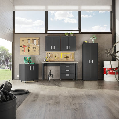 Garage Cabinet Sets with 3-piece dark storage system, pegboard tool wall, workbench, rolling drawers in organized modern garage__CharcoalGray
