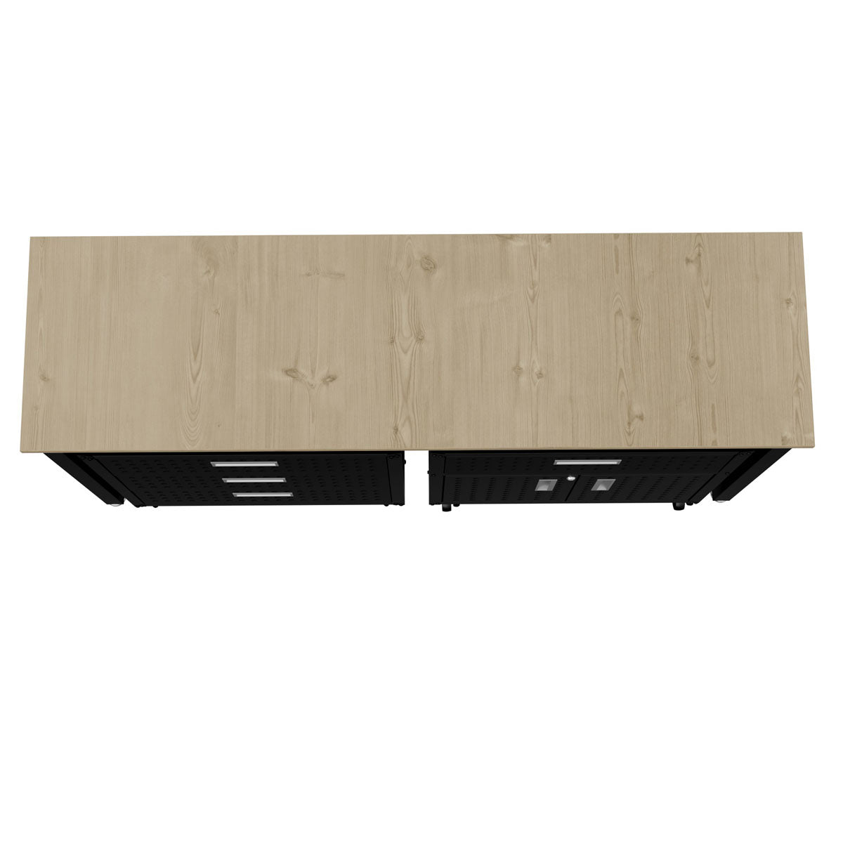 Garage Cabinet Sets with light wood top surface, 4 black metal drawers with silver handles, top-down view__CharcoalGray