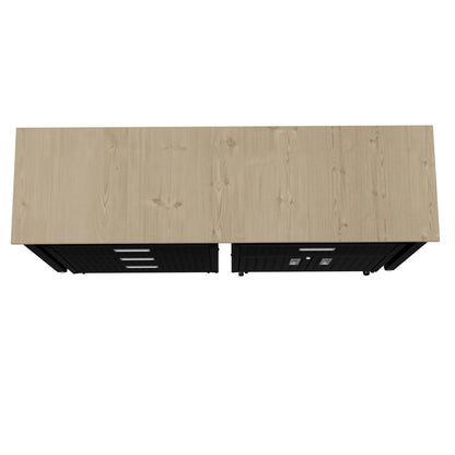 Garage Cabinet Sets with light wood top surface, 4 black metal drawers with silver handles, top-down view__CharcoalGray