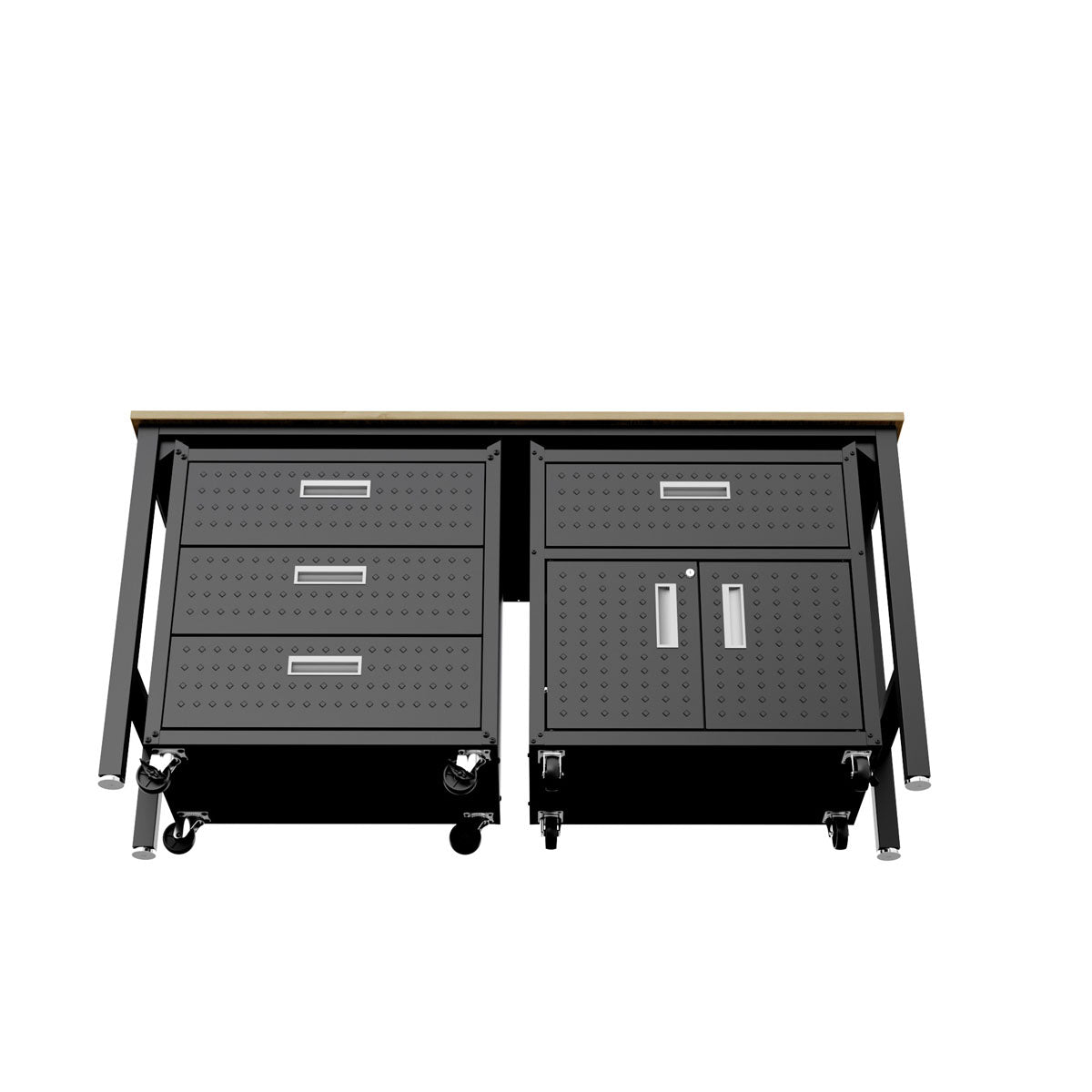 Garage Cabinet Sets with 3-piece dark gray steel units, 4 drawers, double doors, casters, and wood-top workbench__CharcoalGray