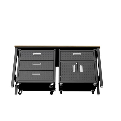 Garage Cabinet Sets with 3-piece dark gray steel units, 4 drawers, double doors, casters, and wood-top workbench__CharcoalGray