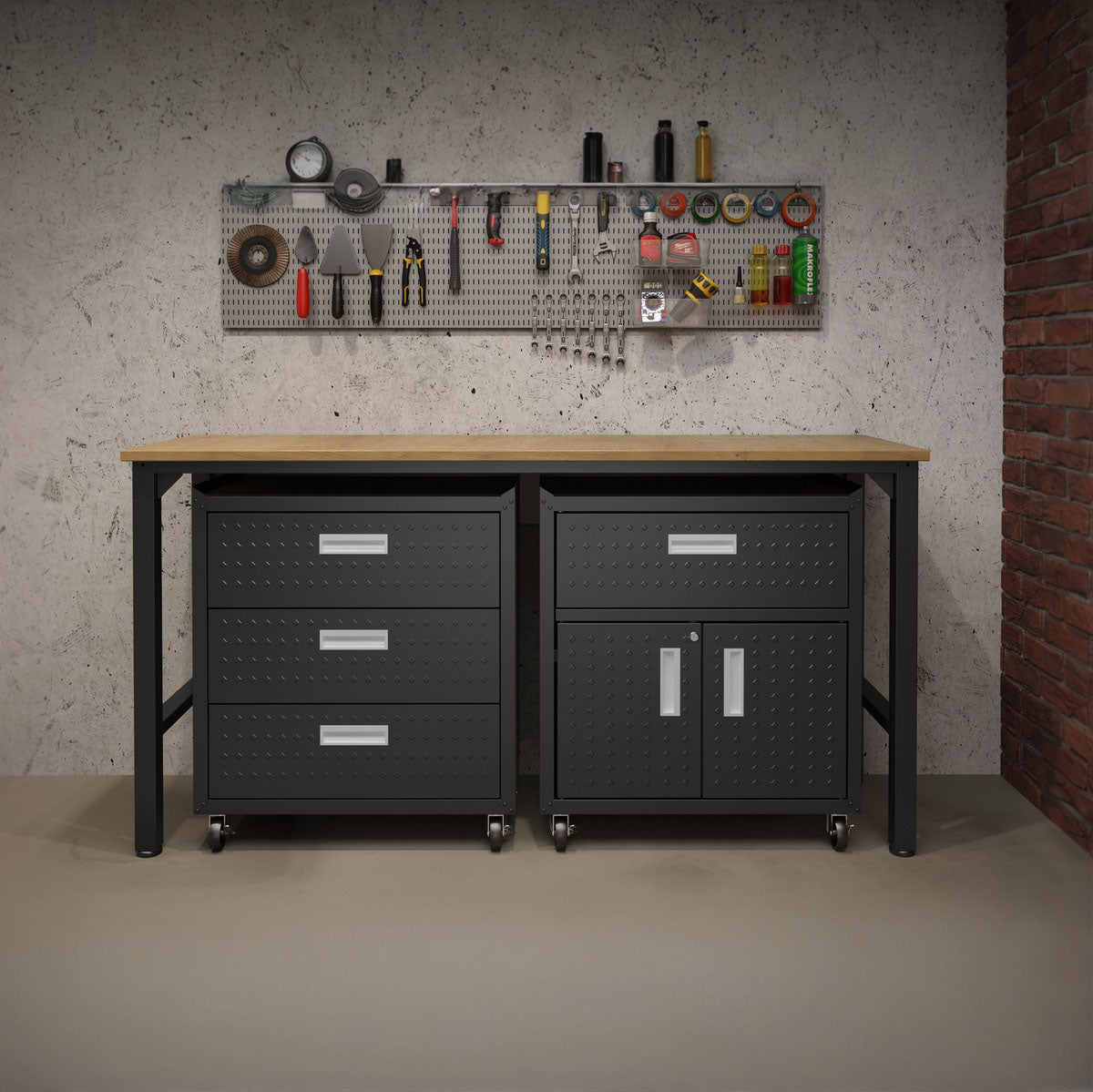 Garage Cabinet Sets with 3-piece dark metal unit, 3 drawers, double-door cabinet on wheels, wood workbench, pegboard wall__CharcoalGray