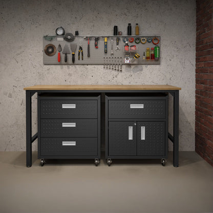 Garage Cabinet Sets with 3-piece dark metal unit, 3 drawers, double-door cabinet on wheels, wood workbench, pegboard wall__CharcoalGray