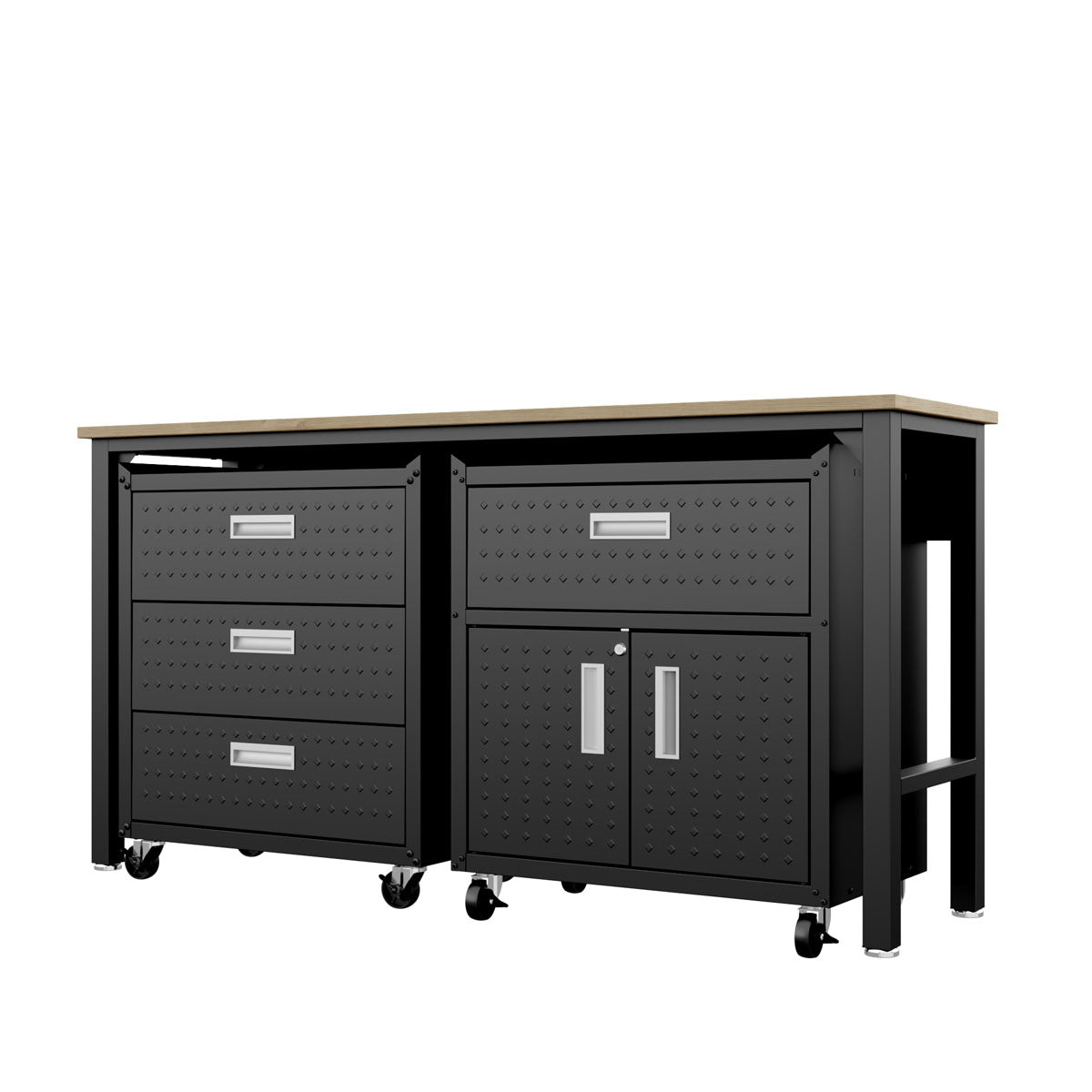 Garage Cabinet Sets with 3-piece dark gray steel unit, 4 drawers, double doors, casters, and wood-top workbench__CharcoalGray
