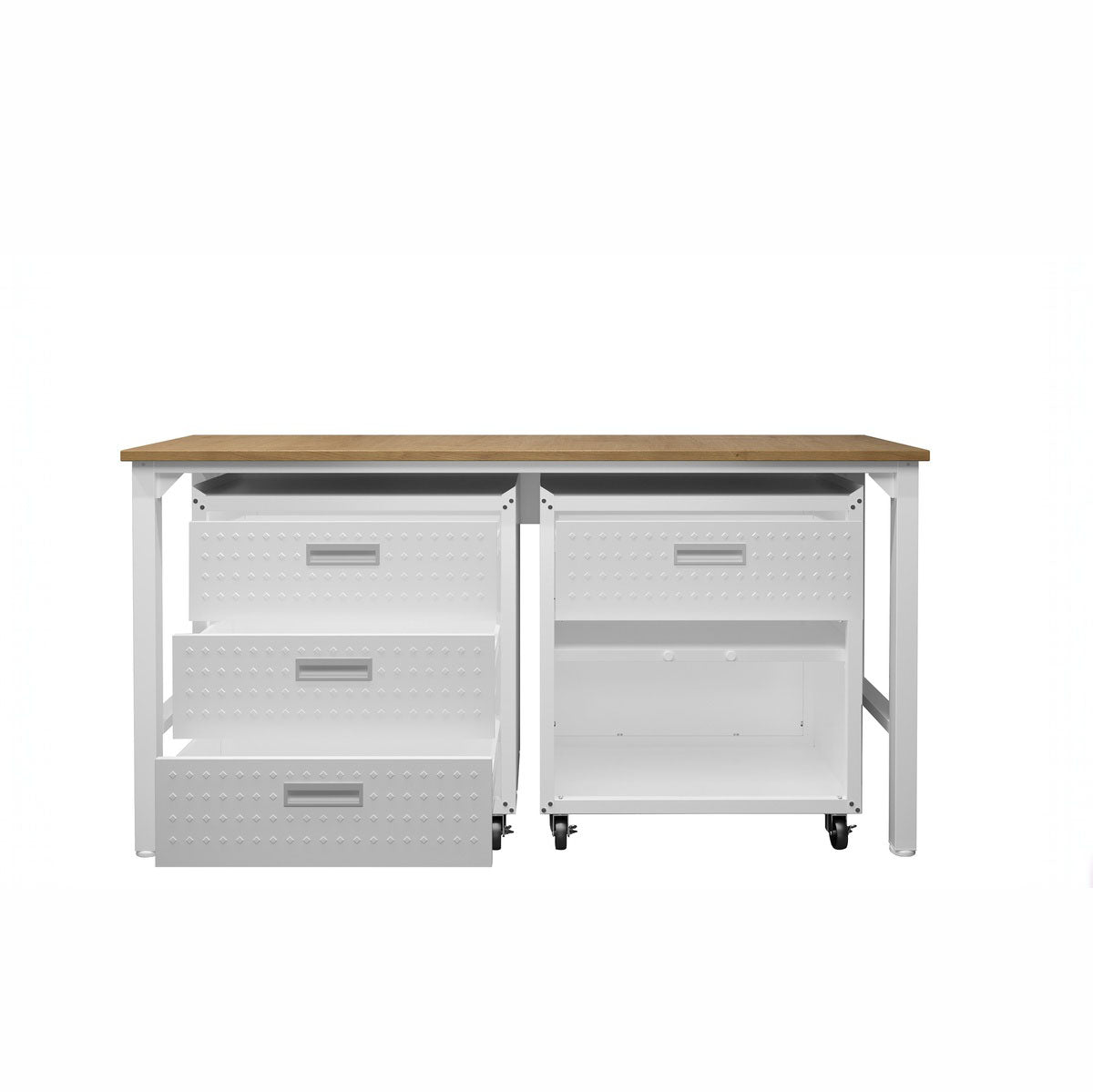 Garage Cabinet Sets with wood-top workbench, 3-drawer and open-shelf rolling cabinets in white__White