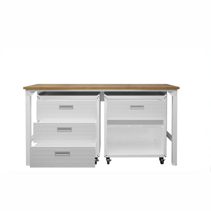 Garage Cabinet Sets with wood-top workbench, 3-drawer and open-shelf rolling cabinets in white__White