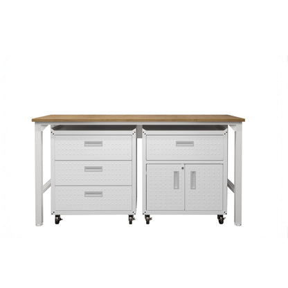 Garage Cabinet Sets with white steel 3-drawer unit, door cabinet on casters, and wood-top workbench__White