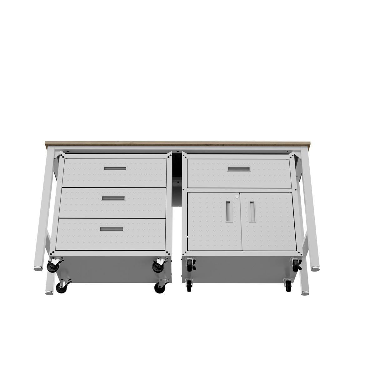 Garage Cabinet Sets with 3-piece white steel unit featuring 4 drawers, double doors, casters, and wood-top workbench__White