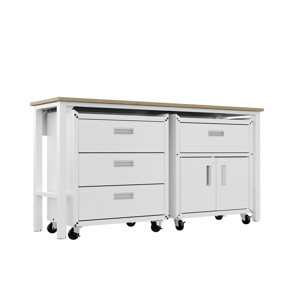 Garage Cabinet Sets with 3-piece white rolling unit featuring 4 drawers, double doors, and natural wood worktop surface__White