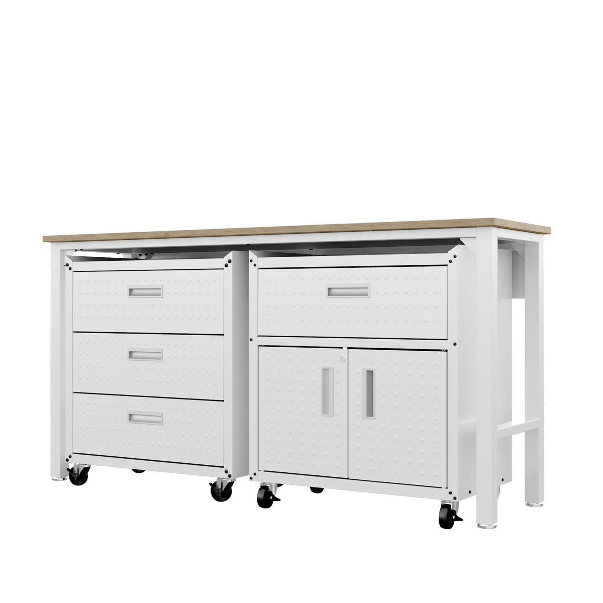 Garage Cabinet Sets with 3-drawer unit, door cabinet, wood-top workbench on casters, white finish, diamond-plate texture__White