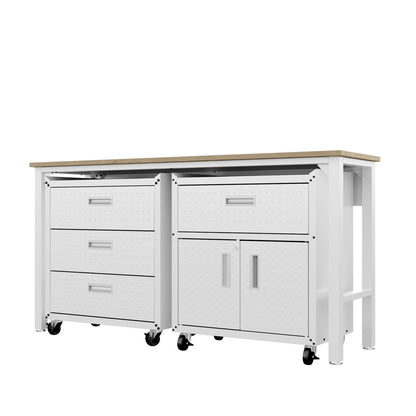 Garage Cabinet Sets with 3-drawer unit, door cabinet, wood-top workbench on casters, white finish, diamond-plate texture__White