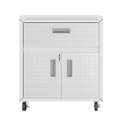 Garage Cabinet Sets white rolling unit with diamond-textured drawer, double doors with lock, and heavy-duty caster wheels__White