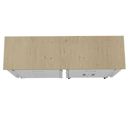 Garage Cabinet Sets top view showing light wood grain surface with white metal drawer units and cable management cutouts__White