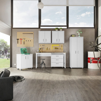 Garage Cabinet Sets with tall wardrobe, wall-mounted cabinets, mobile unit, and workbench in a modern organized garage workshop__White