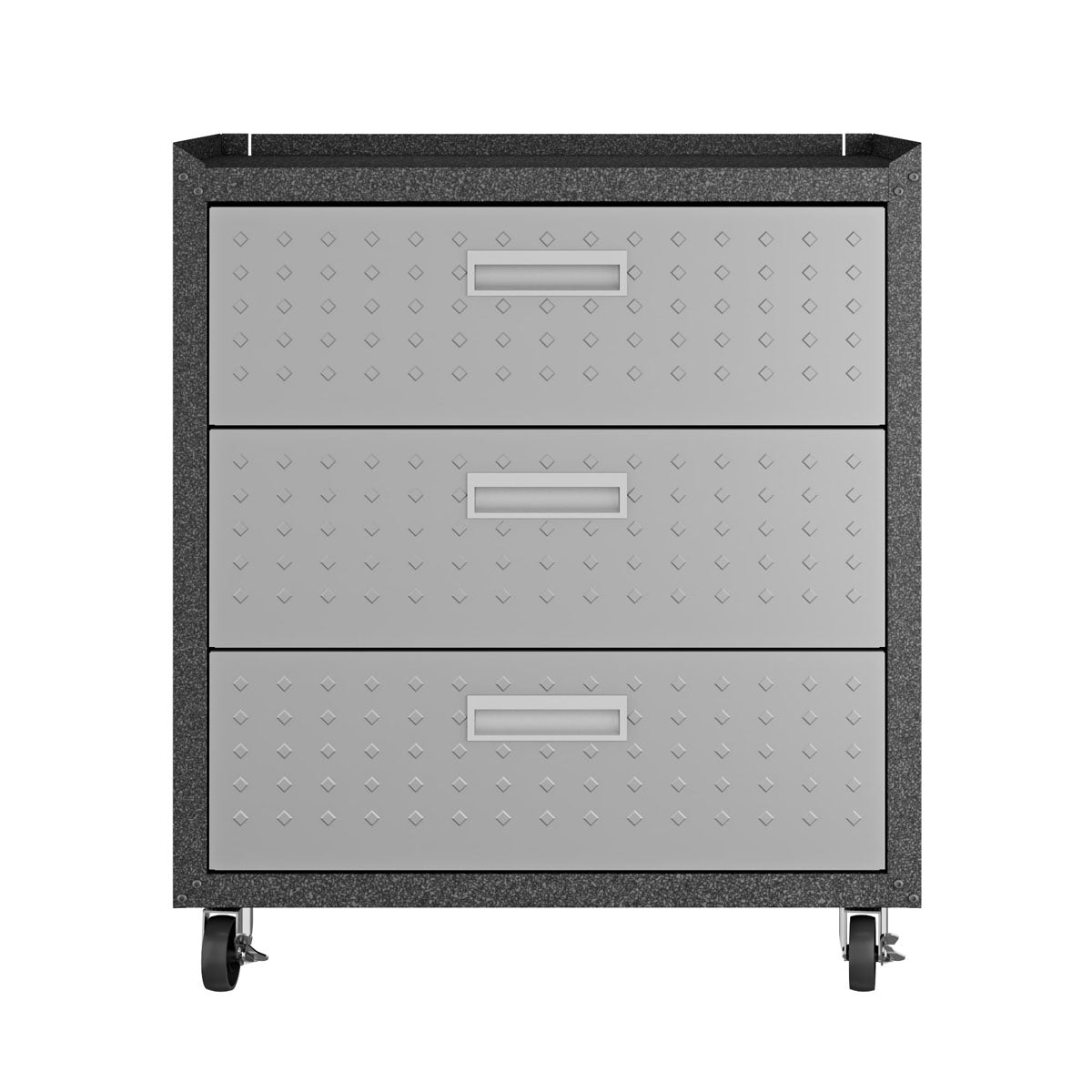 Garage Cabinet Sets with 3 rolling drawers, silver diamond-textured fronts, dark frame, and locking caster wheels__DarkGray
