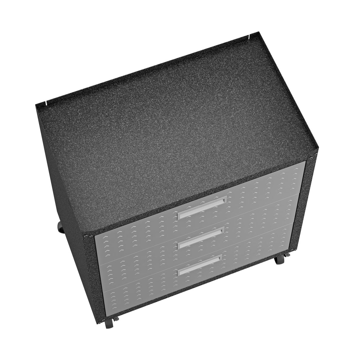 Garage Cabinet Sets 3-piece rolling storage unit with 3 silver drawers, textured black top, and heavy-duty metal construction__DarkGray