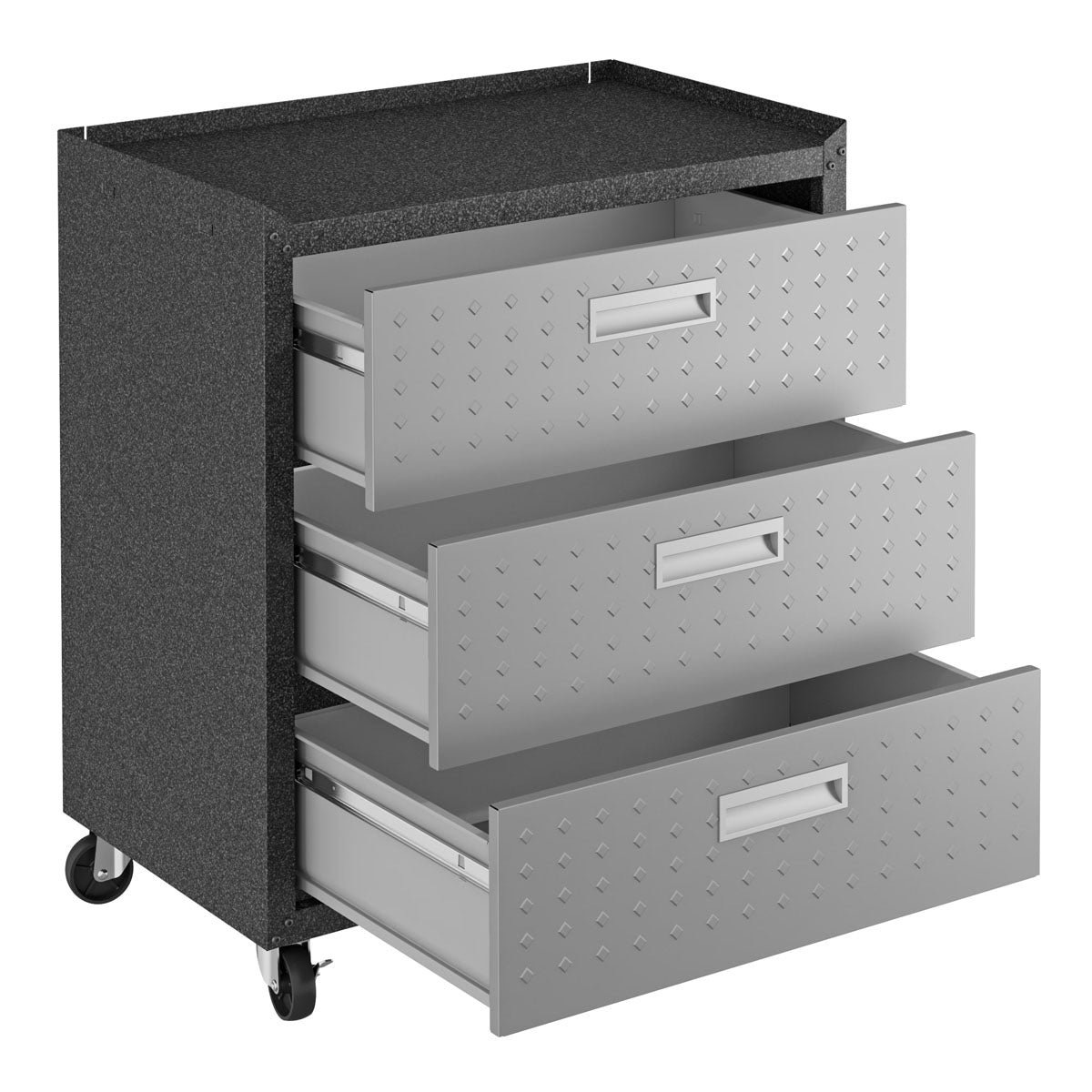 Garage Cabinet Sets rolling unit with 3 open silver diamond-plate drawers on casters, dark charcoal finish__DarkGray