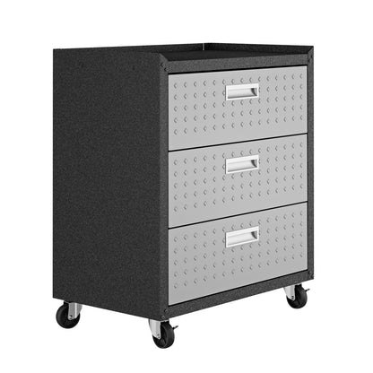 Garage Cabinet Sets 3-drawer rolling chest with diamond-plate silver drawers and dark charcoal frame on heavy-duty casters__DarkGray