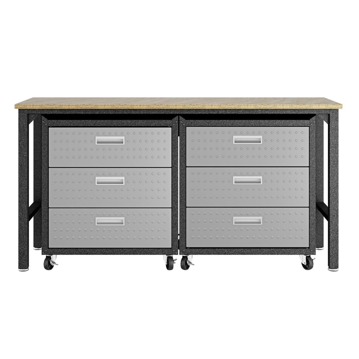 Garage Cabinet Sets with 6 drawers on casters under wood worktop, gray steel rolling storage for organized workspaces__DarkGray