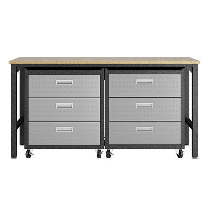 Garage Cabinet Sets with 6 drawers on casters under wood worktop, gray steel rolling storage for organized workspaces__DarkGray