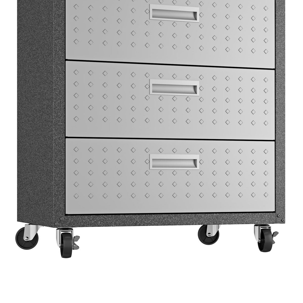 Garage Cabinet Sets rolling tower with 3 silver drawers, diamond-pattern finish, and locking caster wheels for mobility__DarkGray