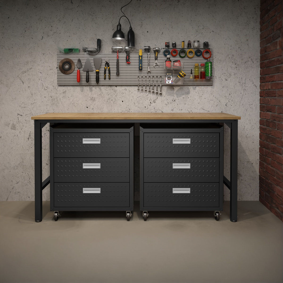 Garage Cabinet Sets with 6-drawer rolling storage under wood workbench, pegboard tool wall, industrial workspace setup__CharcoalGray