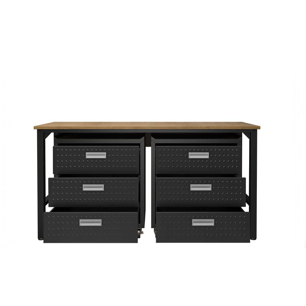 Garage Cabinet Sets with 6 open drawers, wood worktop, black steel diamond-plate finish on rolling storage units__CharcoalGray