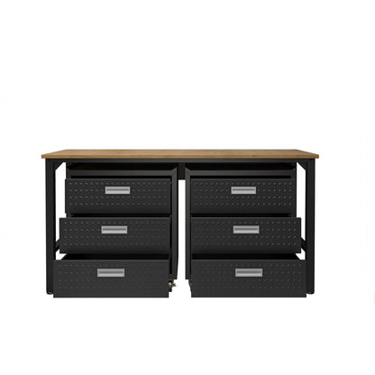 Garage Cabinet Sets with 6 open drawers, wood worktop, black steel diamond-plate finish on rolling storage units__CharcoalGray