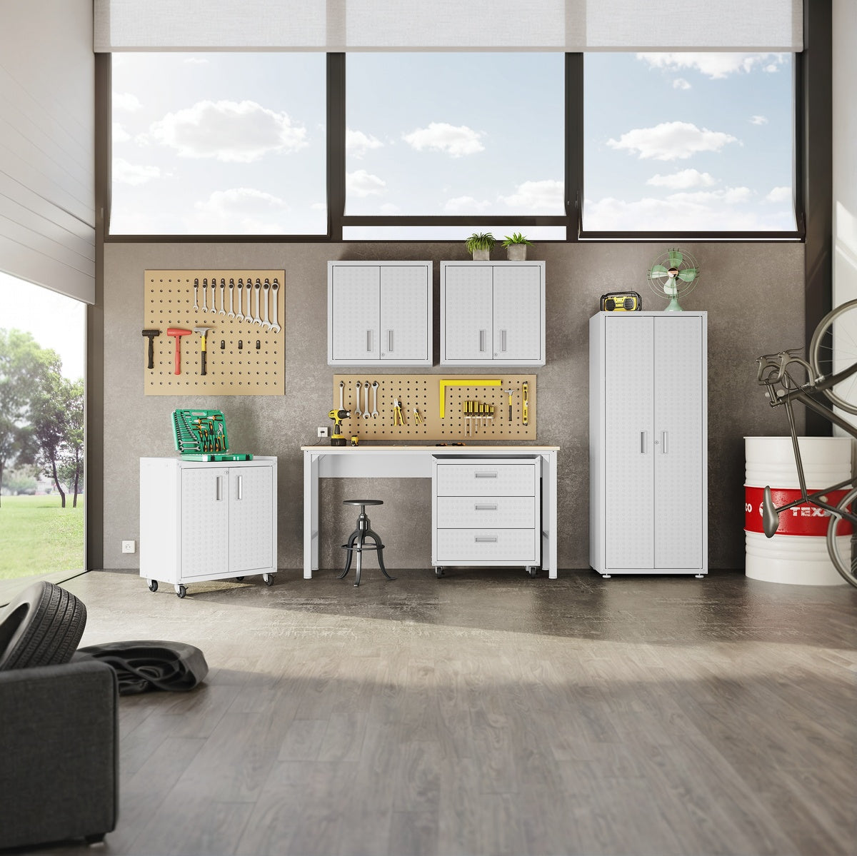 Garage Cabinet Sets with workbench, pegboard tools, rolling storage drawers, and tall white cabinets in organized modern garage__White