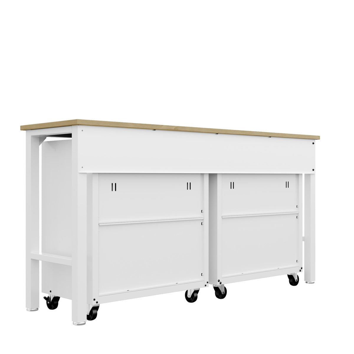 Garage Cabinet Sets with 6 drawers, white rolling workbench featuring natural wood top and locking caster wheels__White
