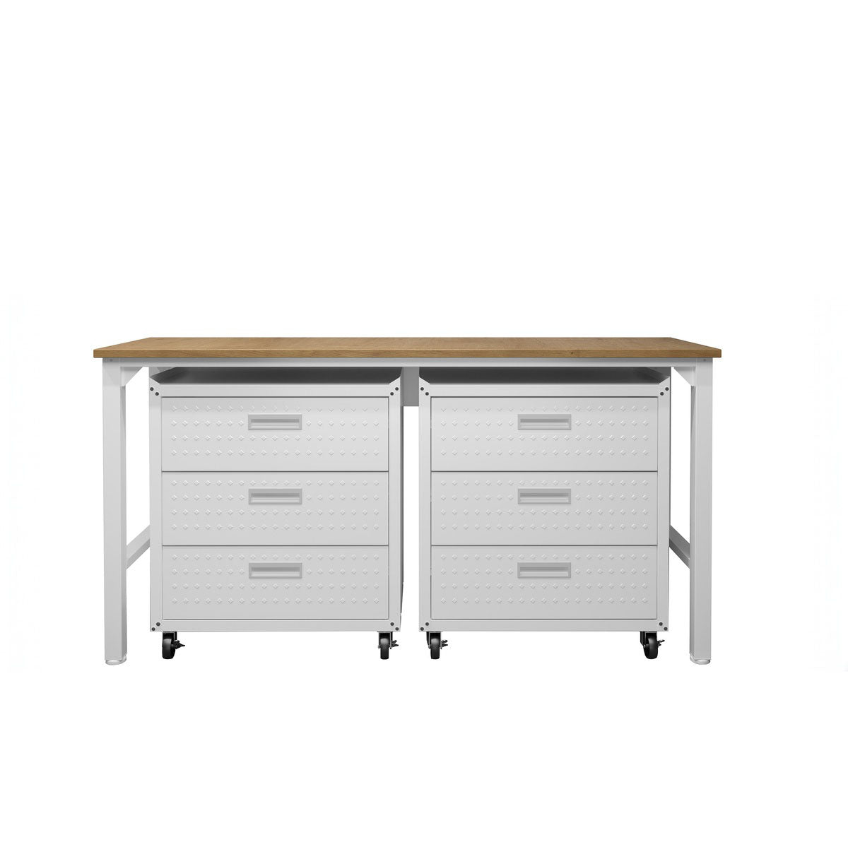 Garage Cabinet Sets with 6 drawers on casters beneath a wood-top workbench, white steel, rolling storage__White