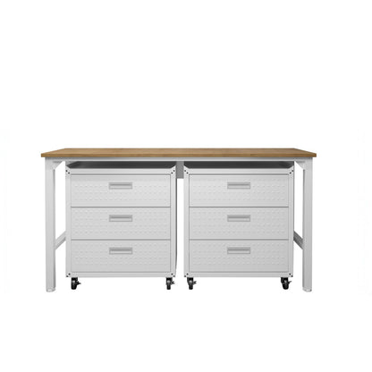 Garage Cabinet Sets with 6 drawers on casters beneath a wood-top workbench, white steel, rolling storage__White