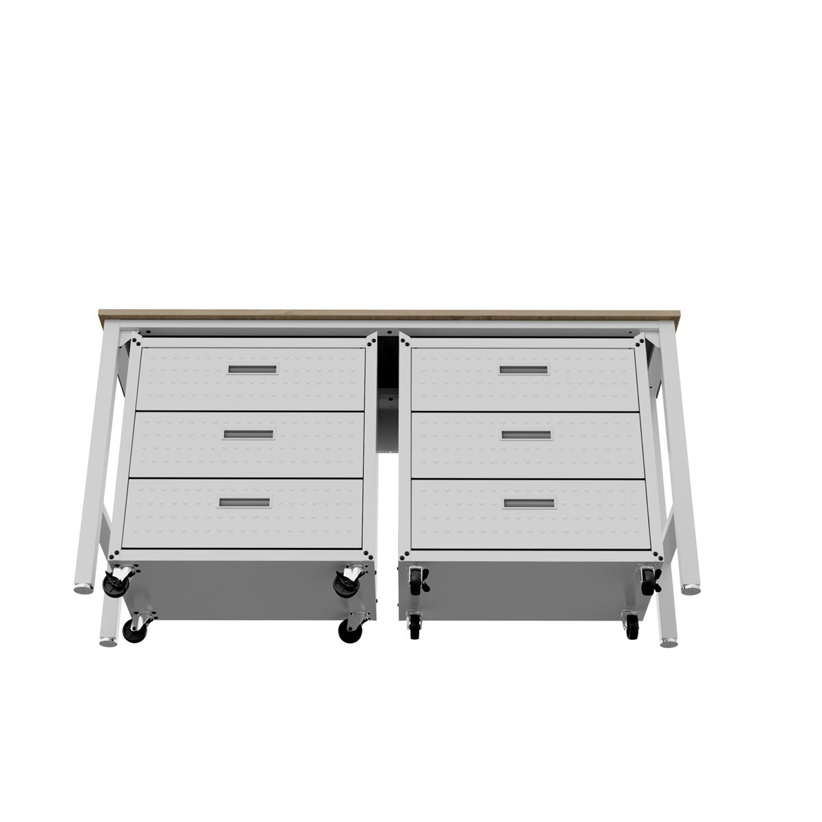 Garage Cabinet Sets with 6 drawers and rolling casters under a workbench top for versatile workshop storage__White