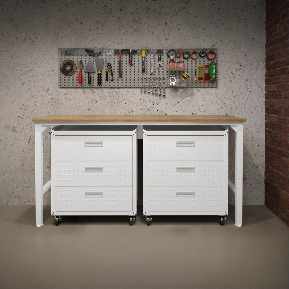 Garage Cabinet Sets with 6-drawer rolling storage units under a workbench, paired with a pegboard tool organizer__White