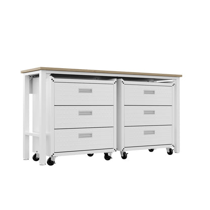 Garage Cabinet Sets with 6 drawers, white rolling storage units and wood-top workbench on locking casters__White