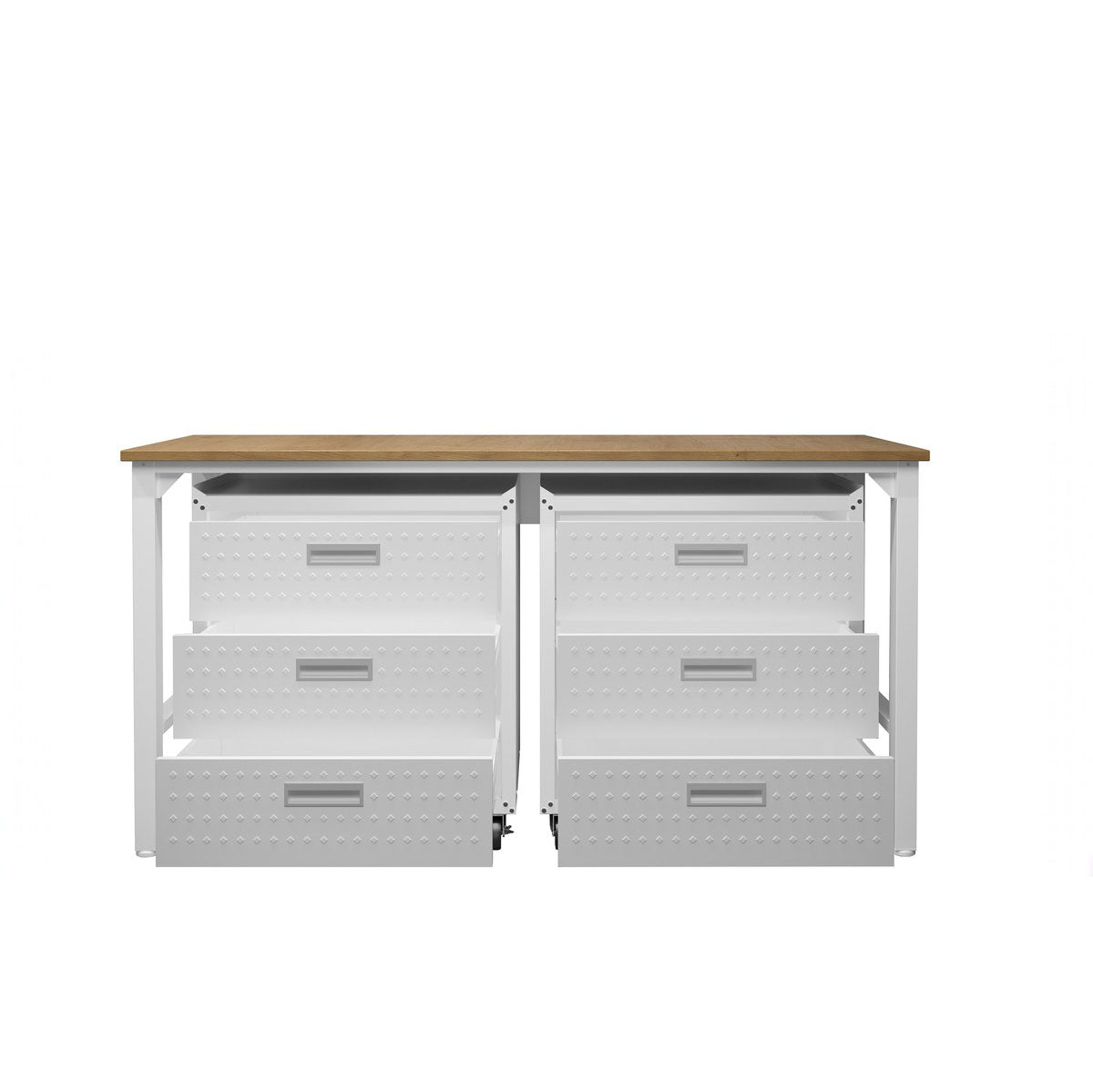 Garage Cabinet Sets with 6 open drawers, white diamond-plate rolling storage units under a wood workbench top__White