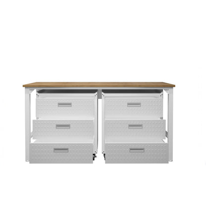 Garage Cabinet Sets with 6 open drawers, white diamond-plate rolling storage units under a wood workbench top__White