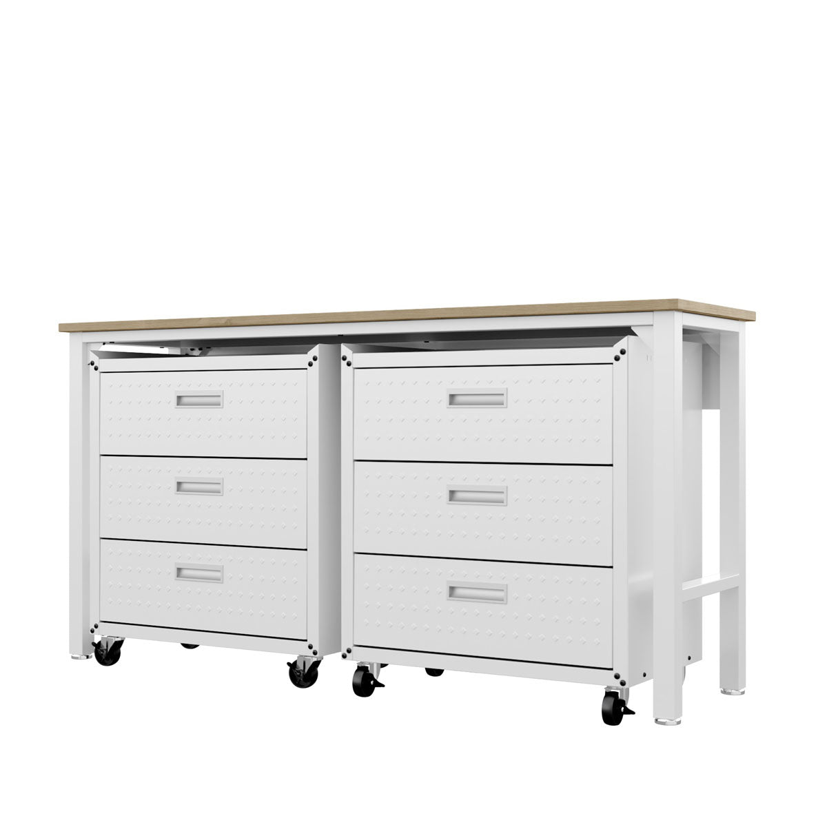 Garage Cabinet Sets with 6 drawers, white rolling storage units and wood top worktable, ideal for organized garage spaces__White
