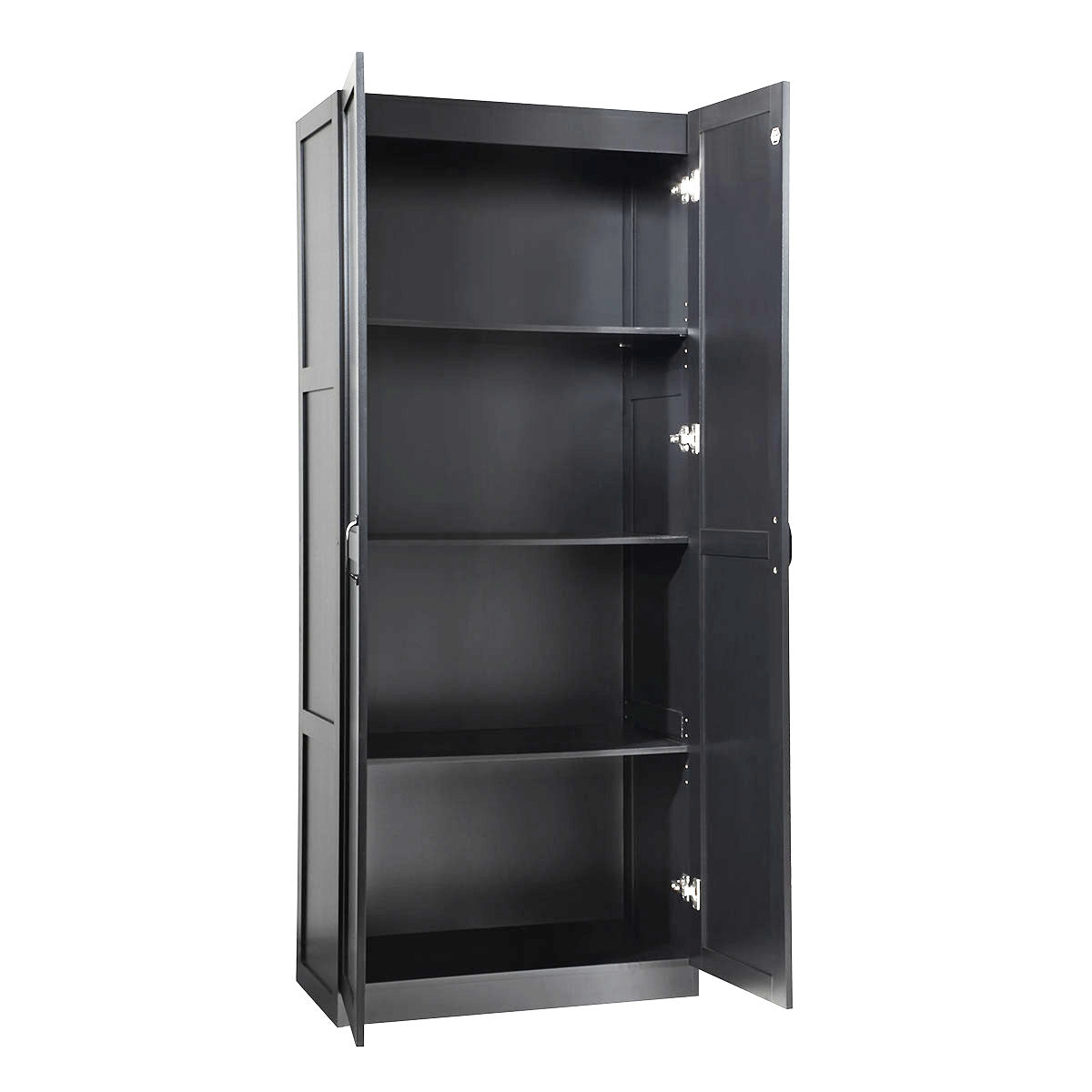 Tall Cabinets with 4 adjustable shelves, black wood garage storage unit shown open with double doors and silver hinges__Black