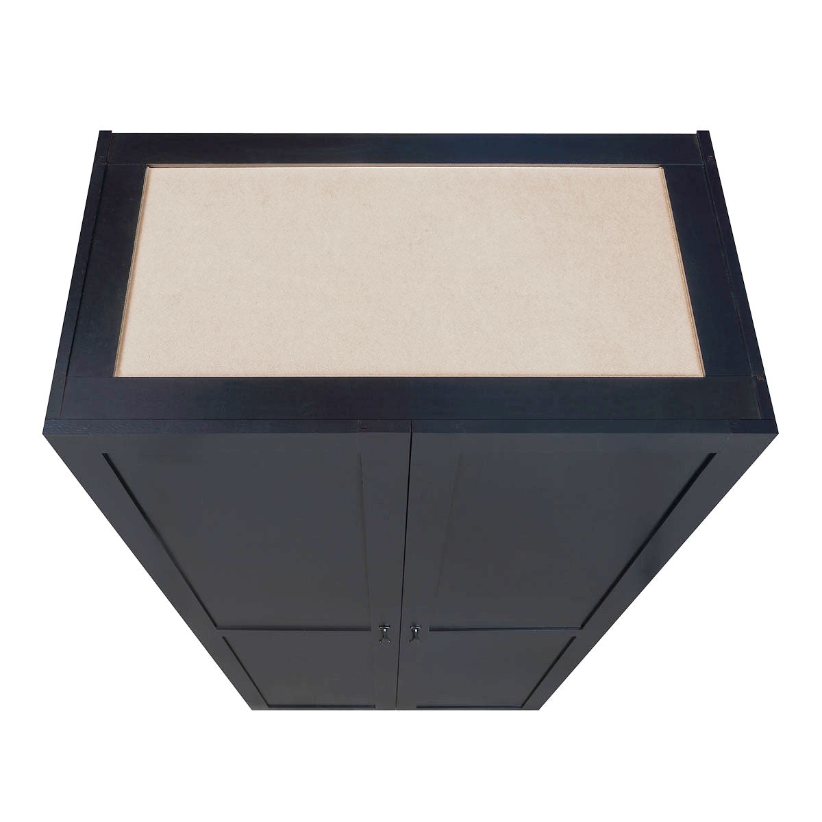 Tall Cabinets in dark navy wood finish with beige padded top panel and double doors with silver hardware__Black