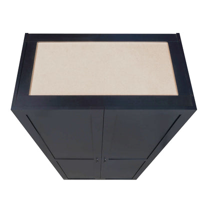 Tall Cabinets in dark navy wood finish with beige padded top panel and double doors with silver hardware__Black